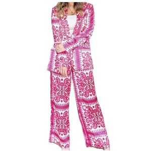 Alex & Parker satin printed pants set pink with a bohemian pattern size Lg Paisl